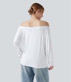 Off Shoulder Long Sleeve Casual T-Shirt — Ash White — view 2
