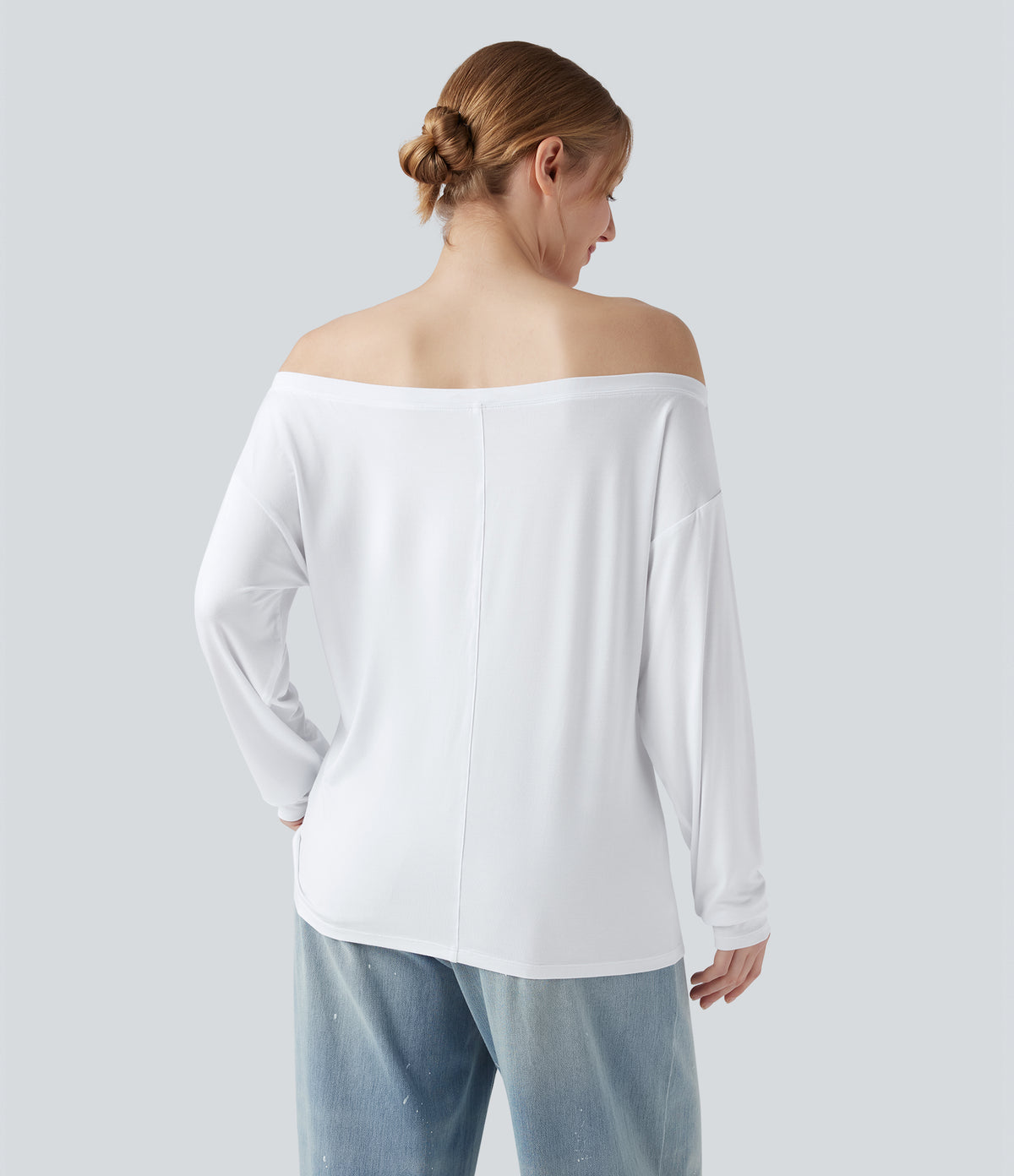 Off Shoulder Long Sleeve Casual T-Shirt — Ash White — view 2