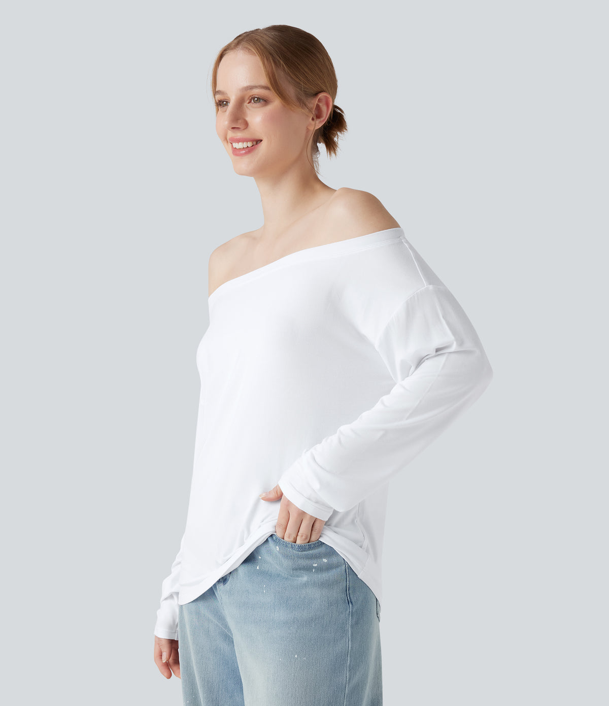 Off Shoulder Long Sleeve Casual T-Shirt — Ash White — view 3