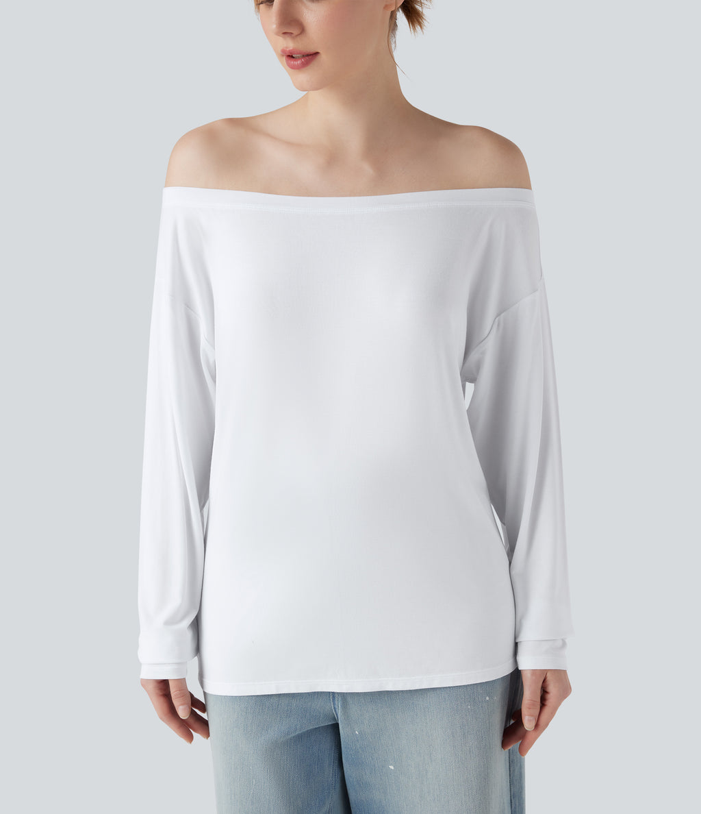 Off Shoulder Long Sleeve Casual T-Shirt — Ash White — view 4