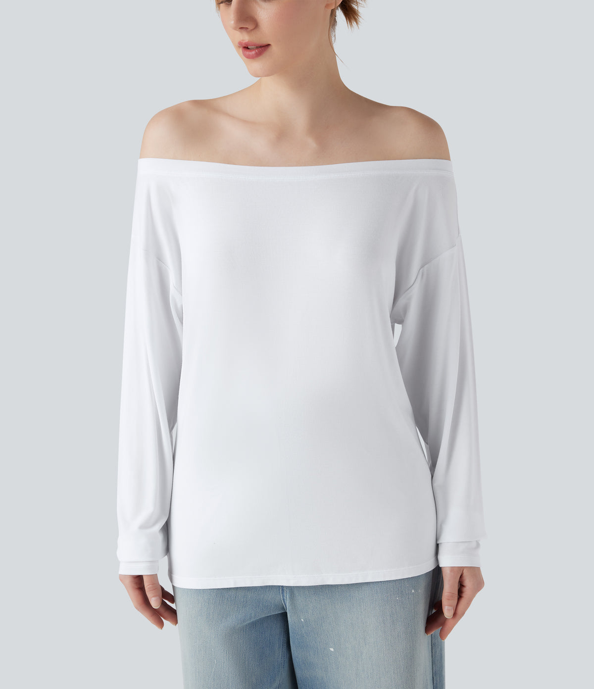 Off Shoulder Long Sleeve Casual T-Shirt — Ash White — view 4