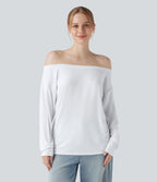 Off Shoulder Long Sleeve Casual T-Shirt — Ash White — view 5
