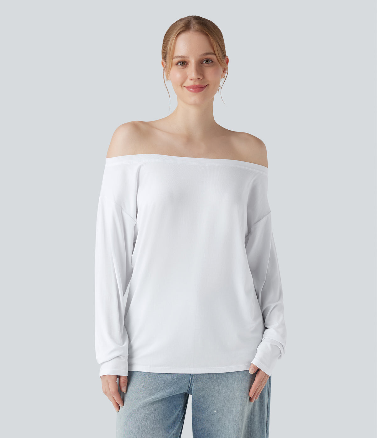 Off Shoulder Long Sleeve Casual T-Shirt — Ash White — view 5