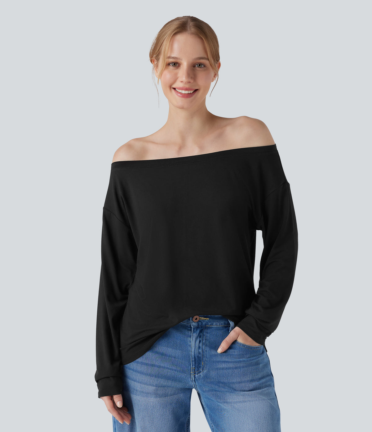 Off Shoulder Long Sleeve Casual T-Shirt — Black — view 7