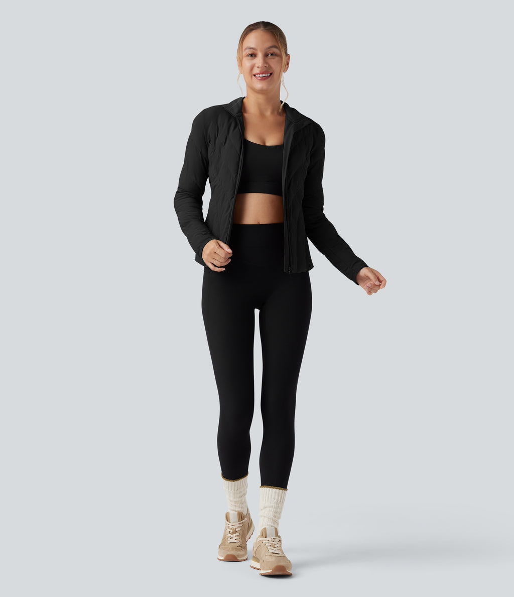 PuffFlex High-neck Long Sleeve Stretchy Casual Quilted Jacket with Pockets — Black — view 7