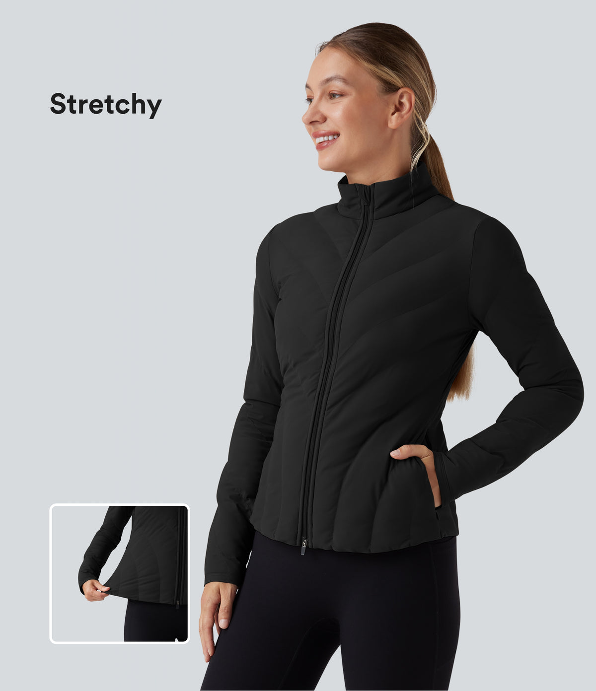 PuffFlex High-neck Long Sleeve Stretchy Casual Quilted Jacket with Pockets — Black — view 1