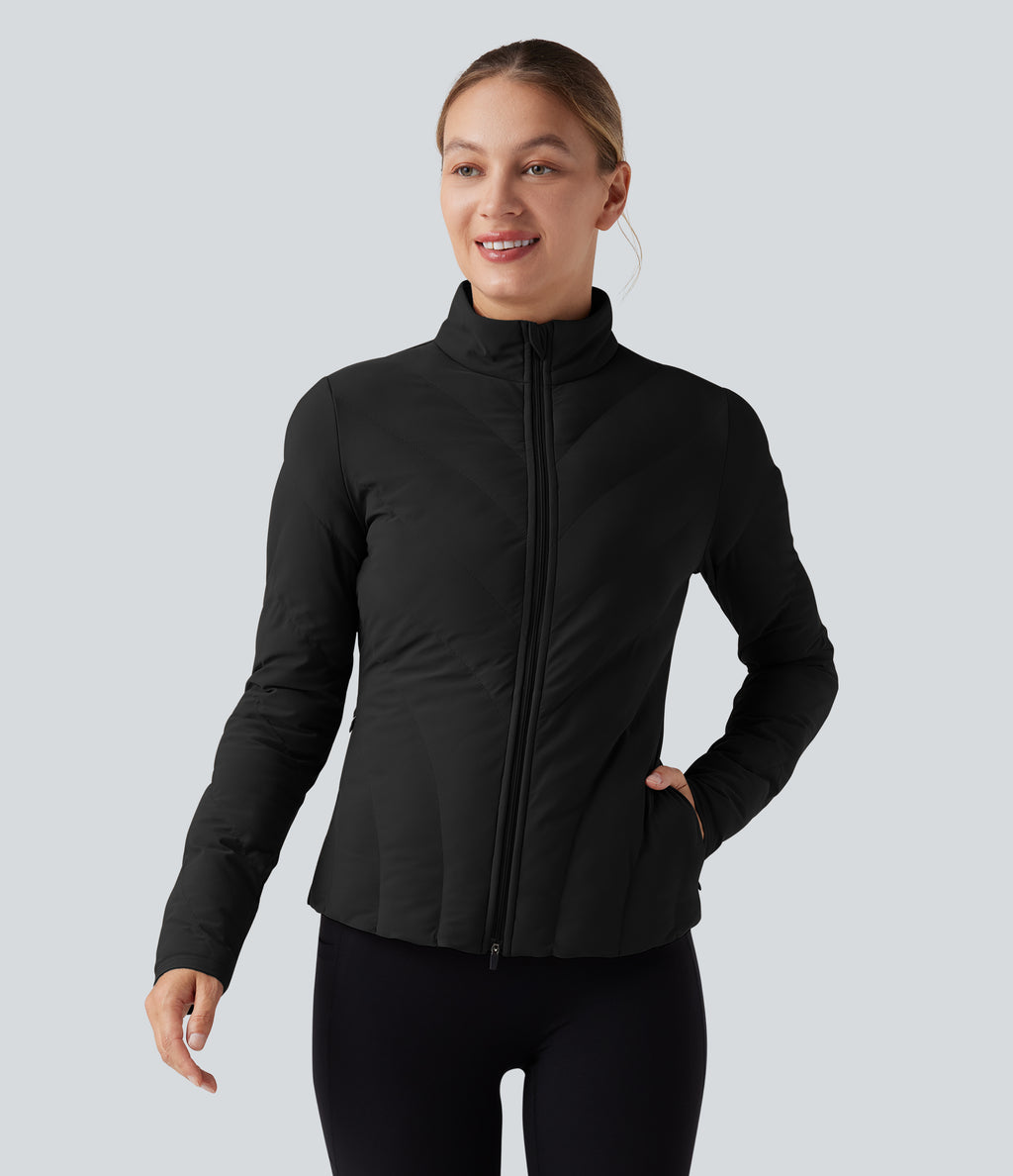 PuffFlex High-neck Long Sleeve Stretchy Casual Quilted Jacket with Pockets — Black — view 3