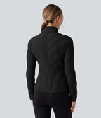 PuffFlex High-neck Long Sleeve Stretchy Casual Quilted Jacket with Pockets — Black — view 2