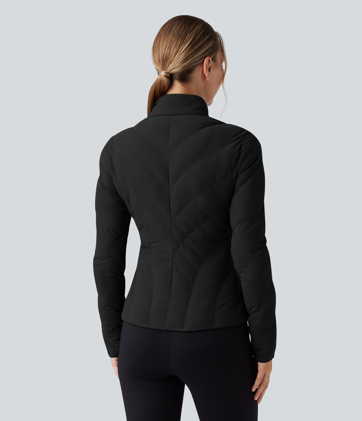 PuffFlex High-neck Long Sleeve Stretchy Casual Quilted Jacket with Pockets — Black — view 2