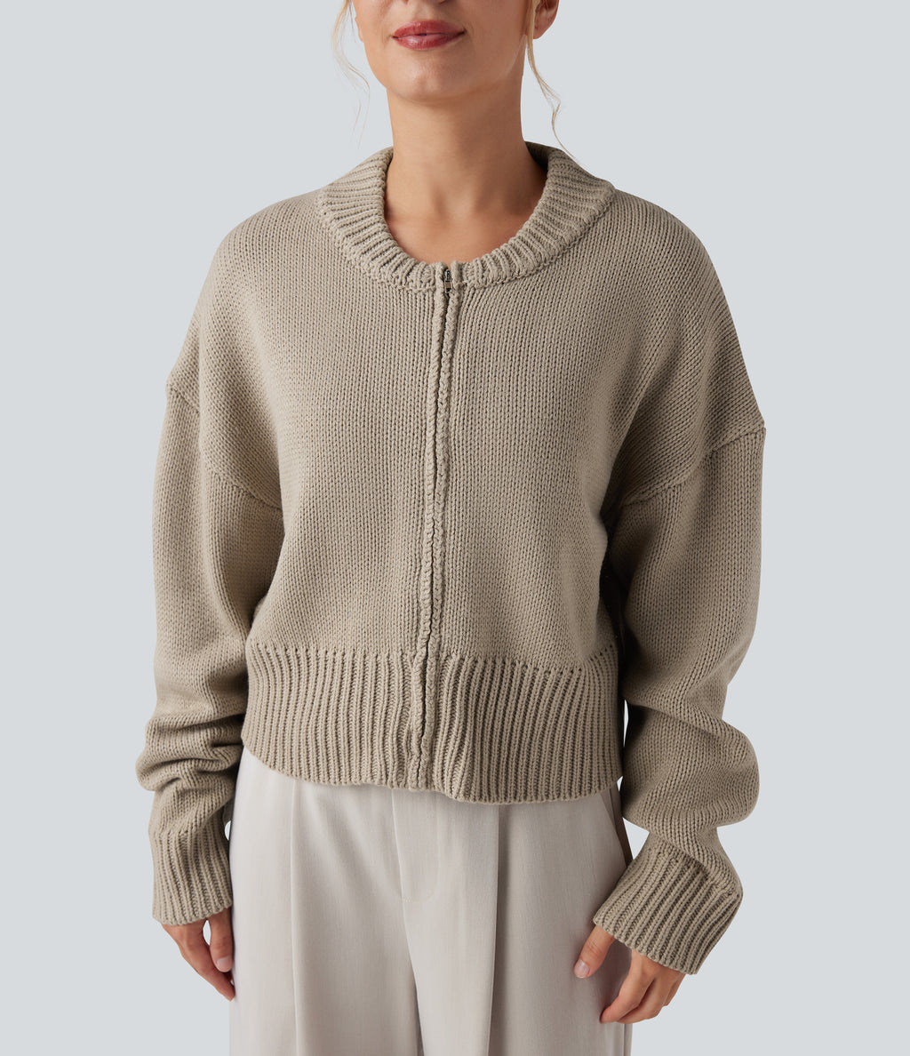 Long Sleeve Zip Fly Casual Bomber Cardigan — Chinchilla — view 4