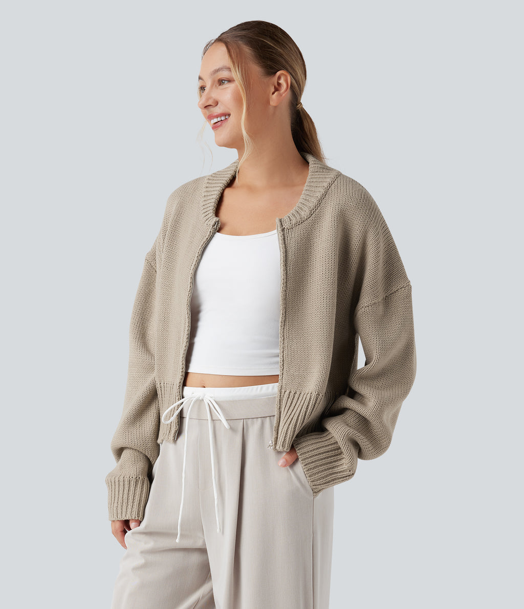 Long Sleeve Zip Fly Casual Bomber Cardigan — Chinchilla — view 3