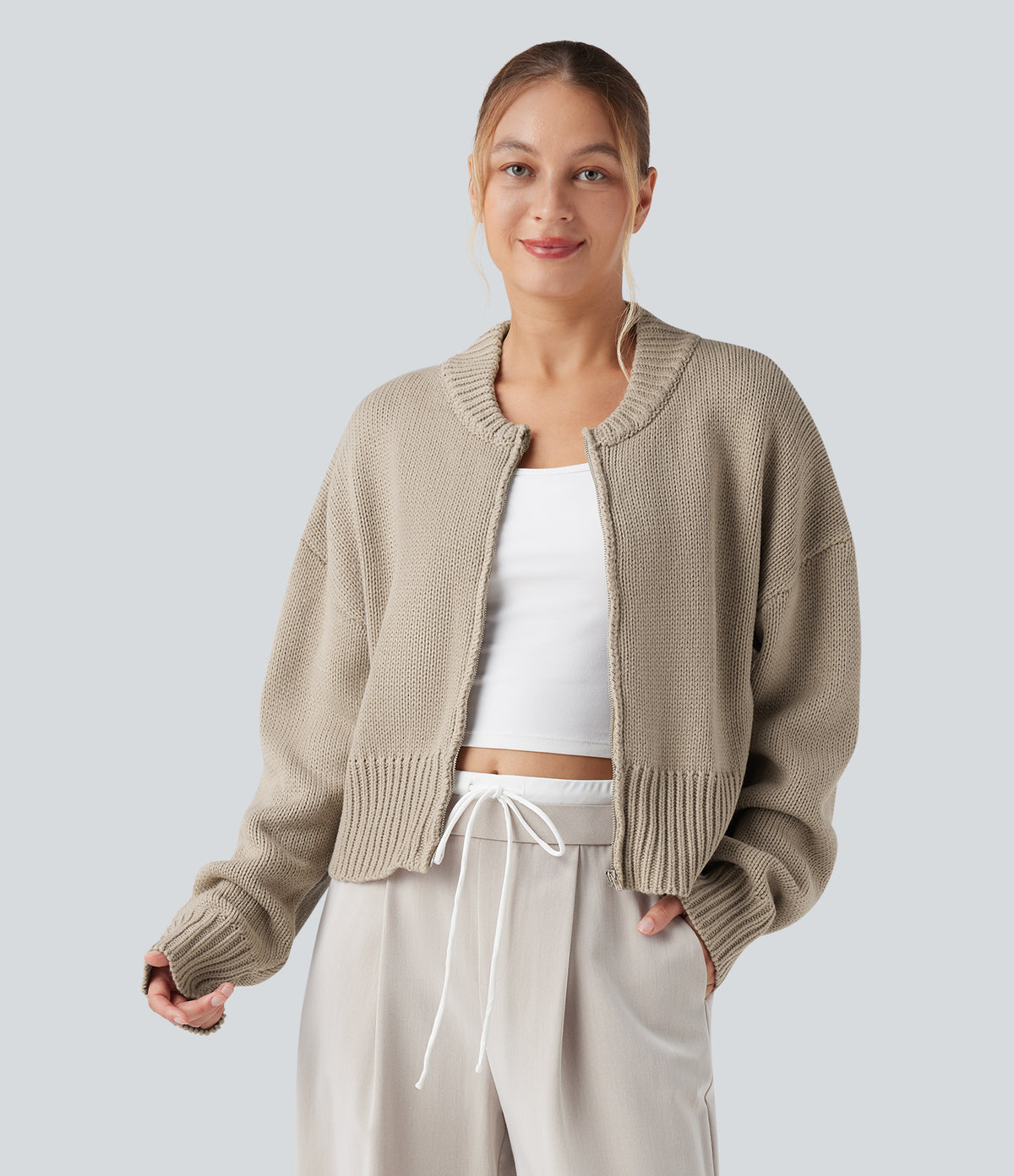 Long Sleeve Zip Fly Casual Bomber Cardigan — Chinchilla — view 1