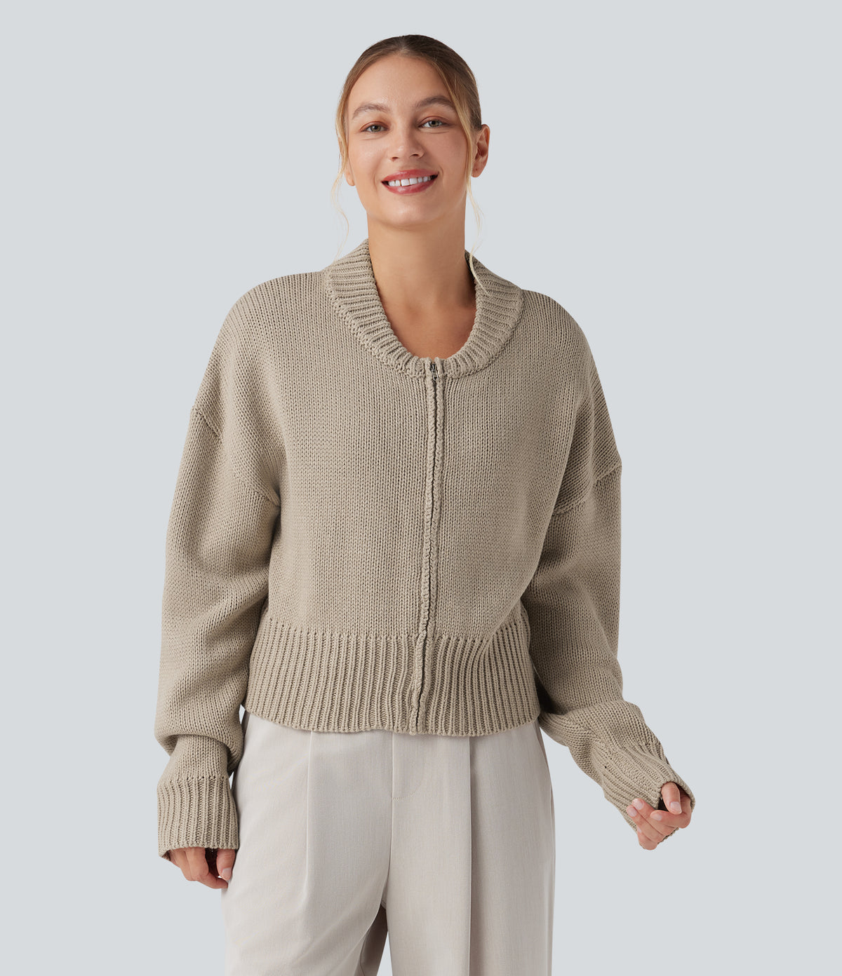 Long Sleeve Zip Fly Casual Bomber Cardigan — Chinchilla — view 5