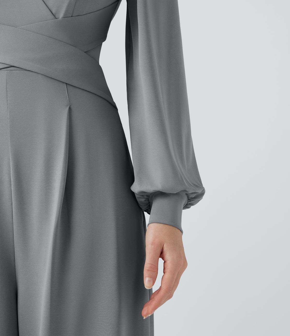 V-neck Puff Long Sleeve Crossover Work Jumpsuit with Pockets — Ultimate Gray — view 8