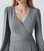 V-neck Puff Long Sleeve Crossover Work Jumpsuit with Pockets — Ultimate Gray — view 5