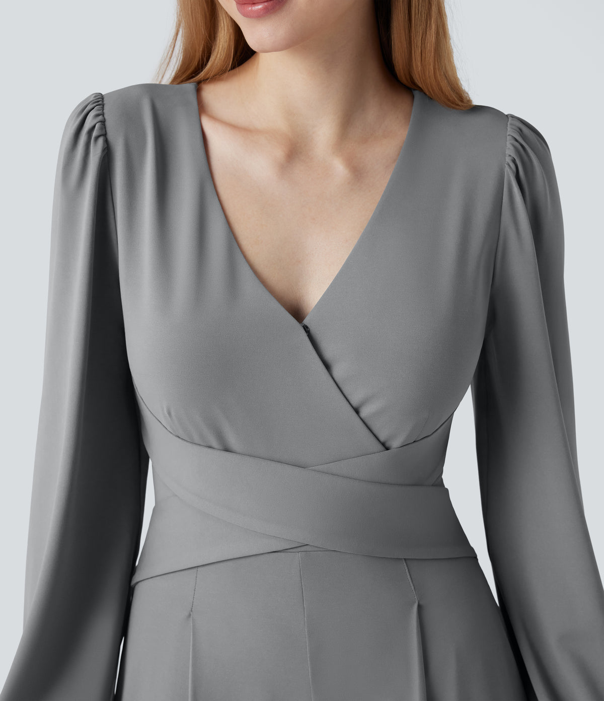 V-neck Puff Long Sleeve Crossover Work Jumpsuit with Pockets — Ultimate Gray — view 5