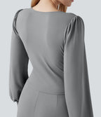 V-neck Puff Long Sleeve Crossover Work Jumpsuit with Pockets — Ultimate Gray — view 6