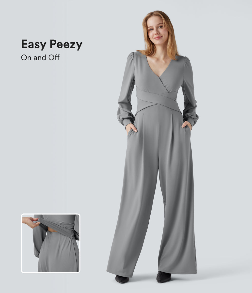 V-neck Puff Long Sleeve Crossover Work Jumpsuit with Pockets — Ultimate Gray — view 1
