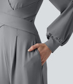 V-neck Puff Long Sleeve Crossover Work Jumpsuit with Pockets — Ultimate Gray — view 7