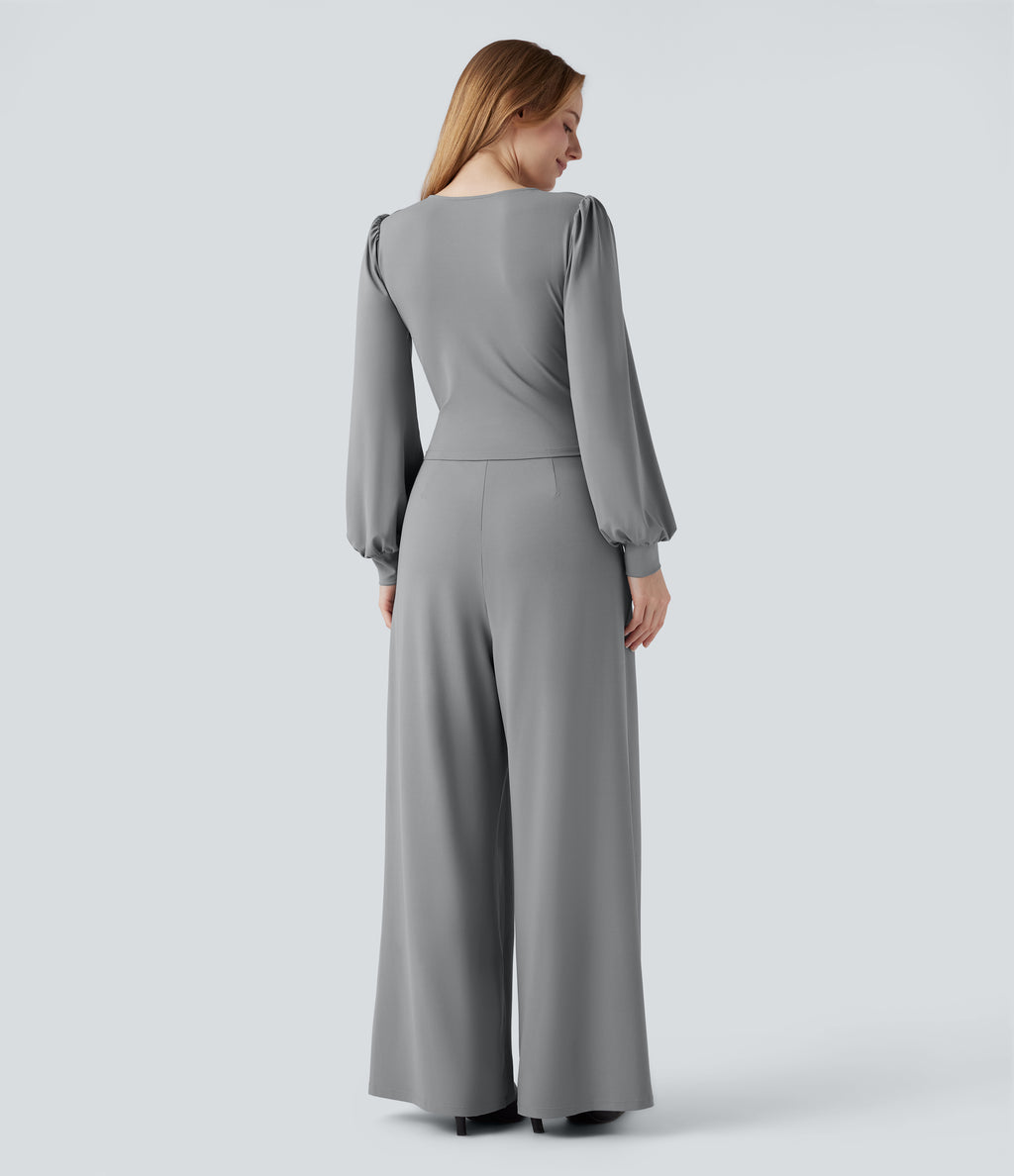 V-neck Puff Long Sleeve Crossover Work Jumpsuit with Pockets — Ultimate Gray — view 2