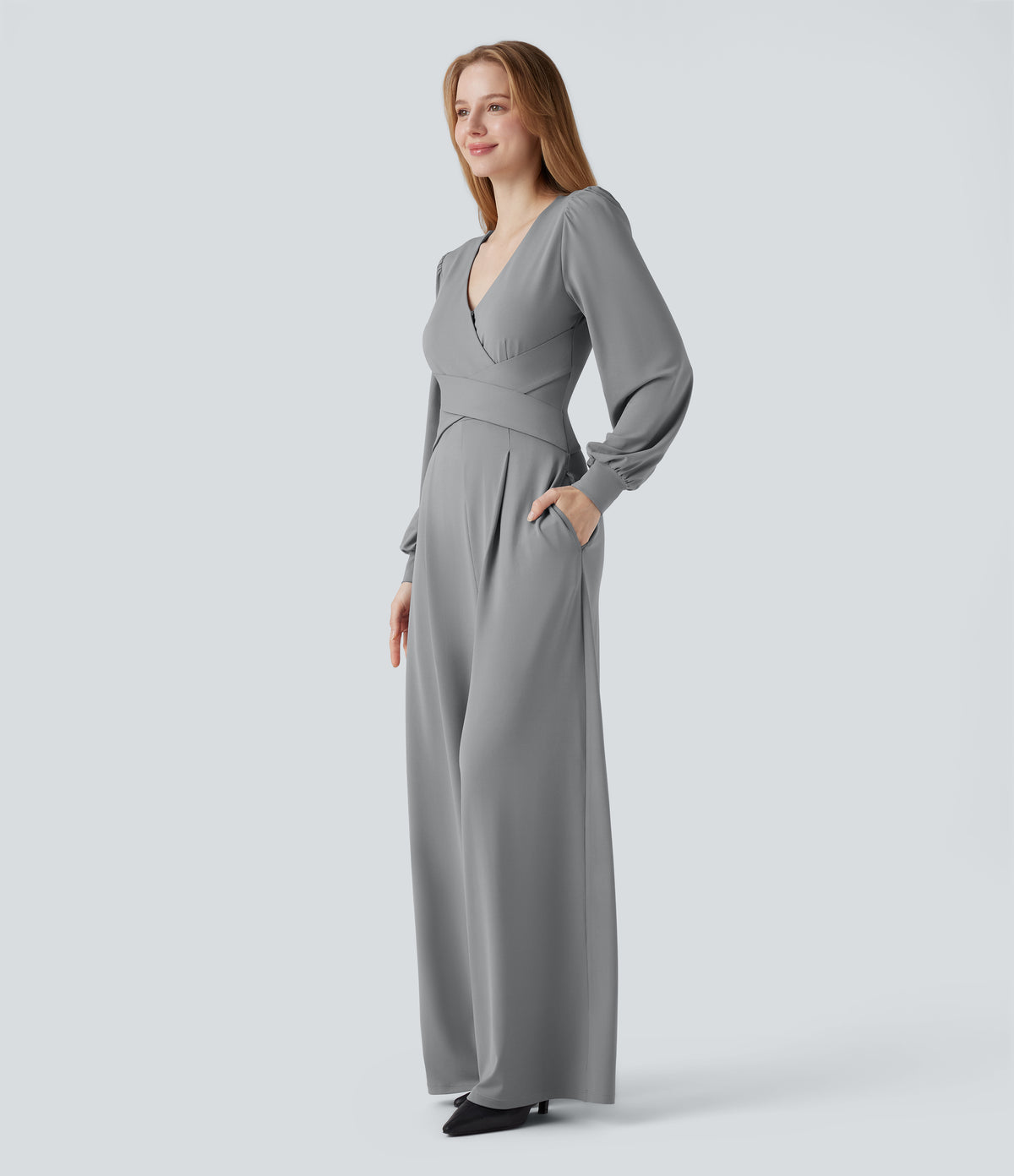 V-neck Puff Long Sleeve Crossover Work Jumpsuit with Pockets — Ultimate Gray — view 3