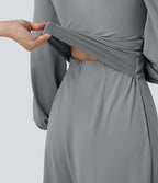 V-neck Puff Long Sleeve Crossover Work Jumpsuit with Pockets — Ultimate Gray — view 4
