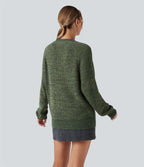 Round Neck Long Sleeve Casual Jumper — Dark Green Floral Yarn — view 2