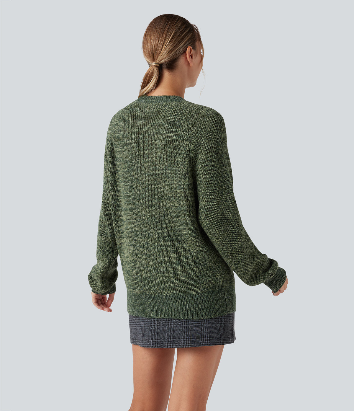 Round Neck Long Sleeve Casual Jumper — Dark Green Floral Yarn — view 2