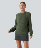 Round Neck Long Sleeve Casual Jumper — Dark Green Floral Yarn — view 1