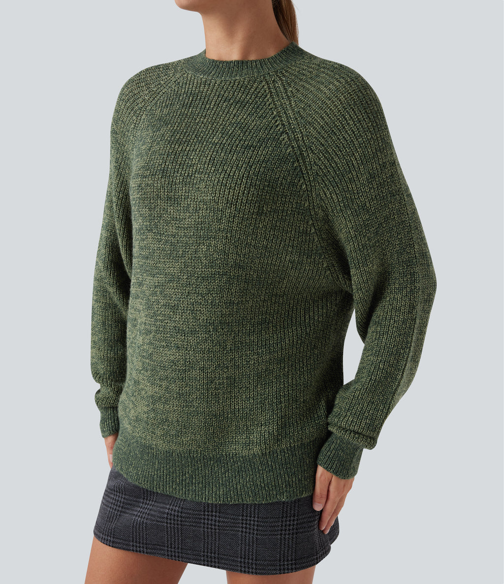 Round Neck Long Sleeve Casual Jumper — Dark Green Floral Yarn — view 4