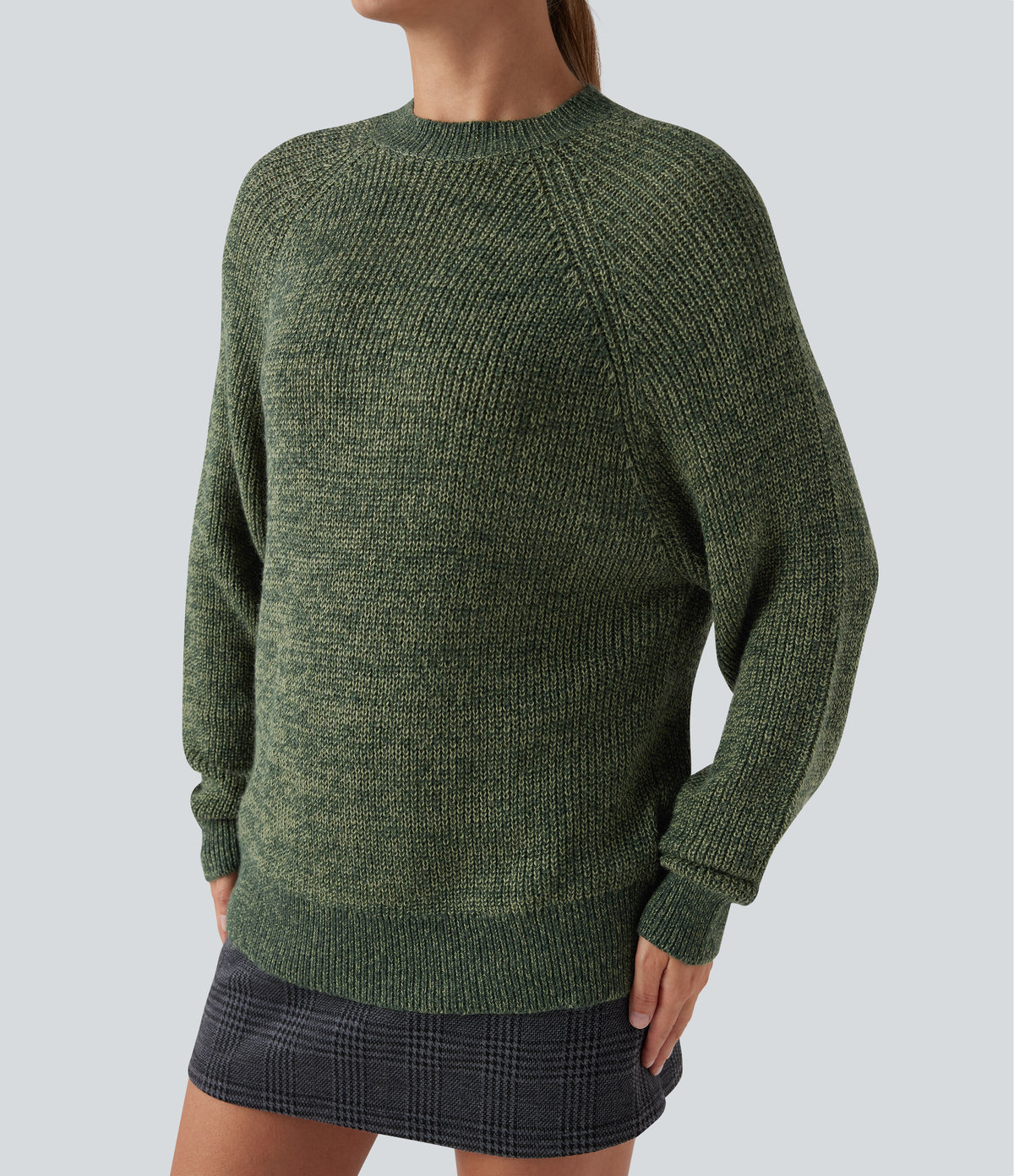 Round Neck Long Sleeve Casual Jumper — Dark Green Floral Yarn — view 4