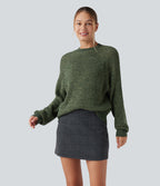 Round Neck Long Sleeve Casual Jumper — Dark Green Floral Yarn — view 3