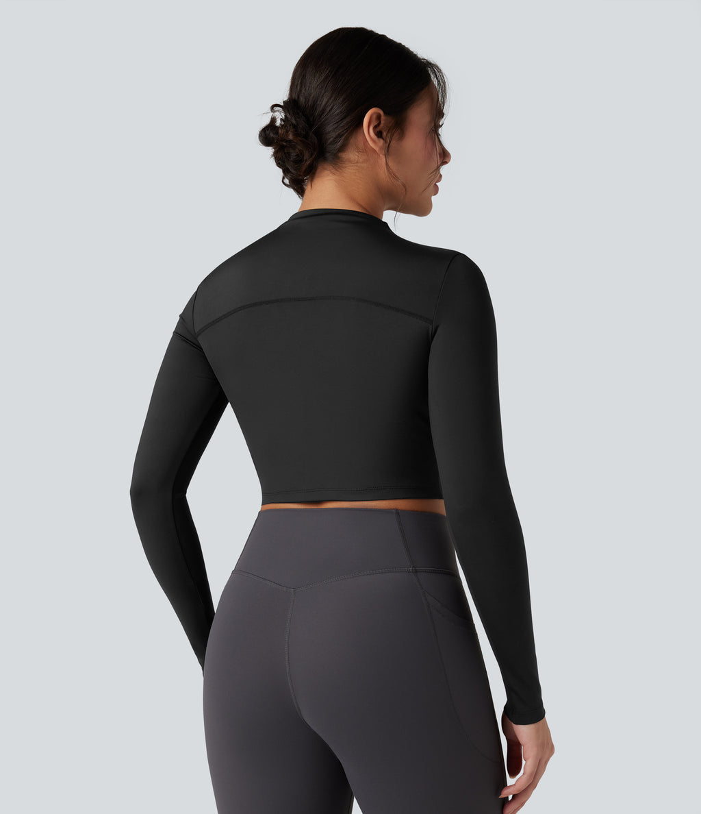 Mock-neck Long Sleeve Slim Yoga Sports Top — Black — view 3