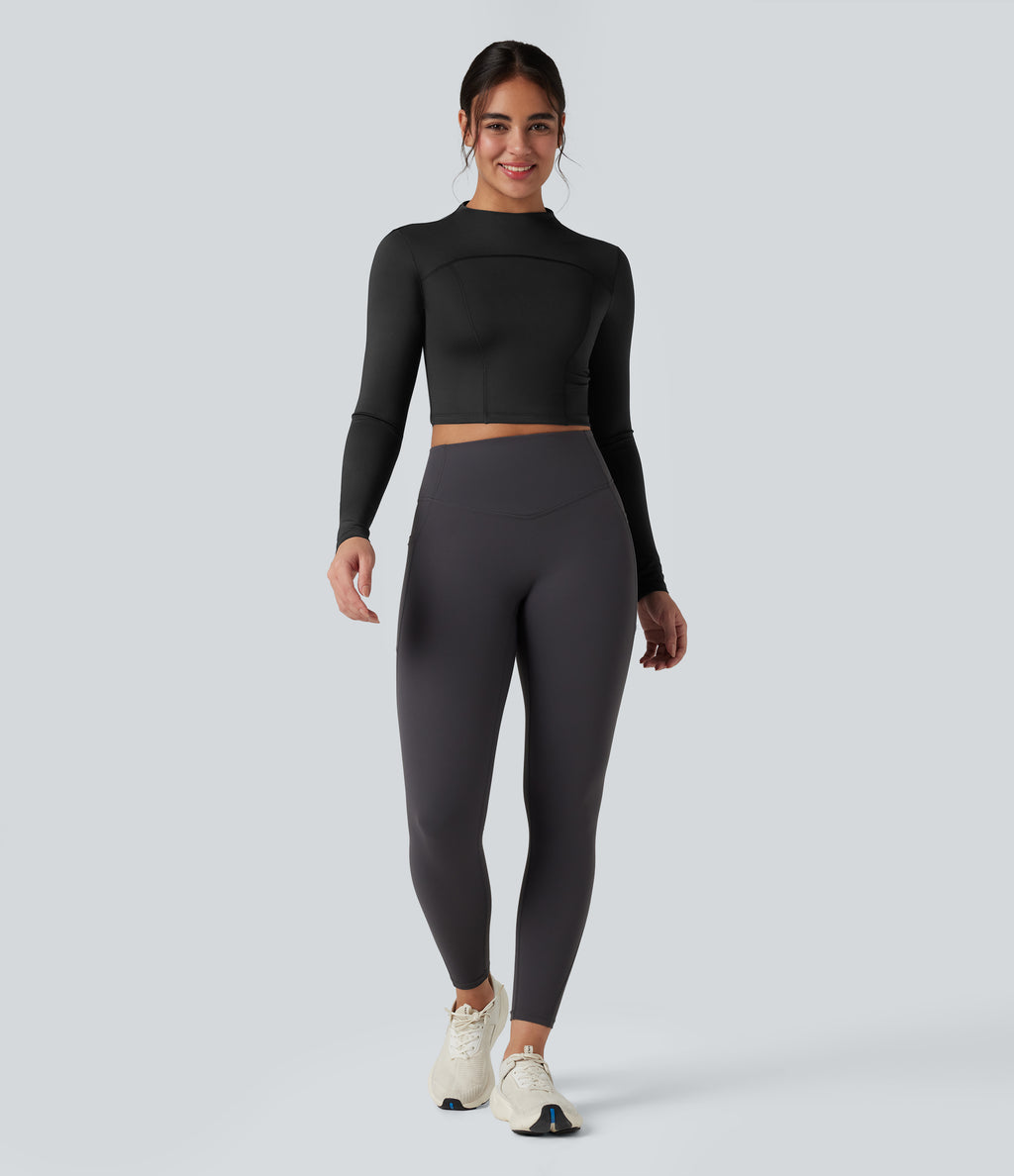 Mock-neck Long Sleeve Slim Yoga Sports Top — Black — view 6
