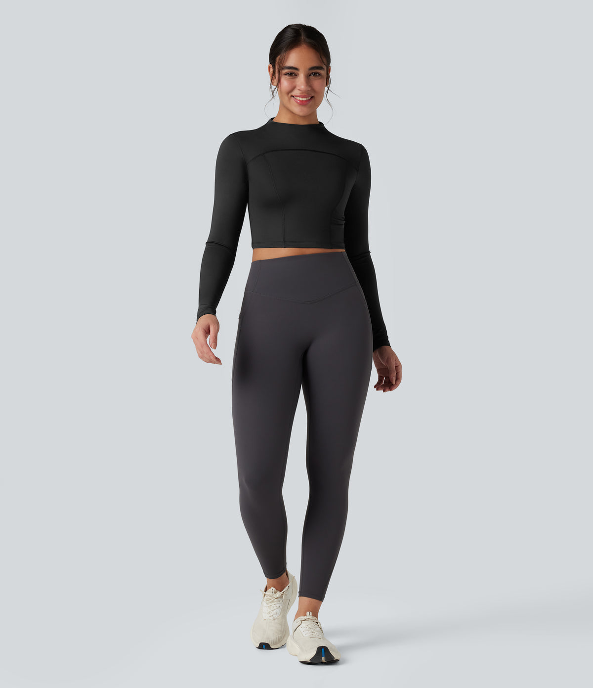 Mock-neck Long Sleeve Slim Yoga Sports Top — Black — view 6