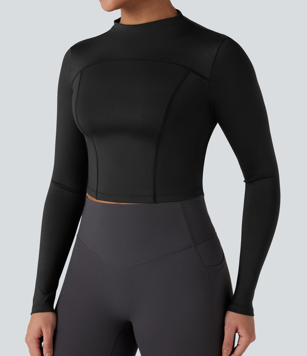 Mock-neck Long Sleeve Slim Yoga Sports Top — Black — view 1