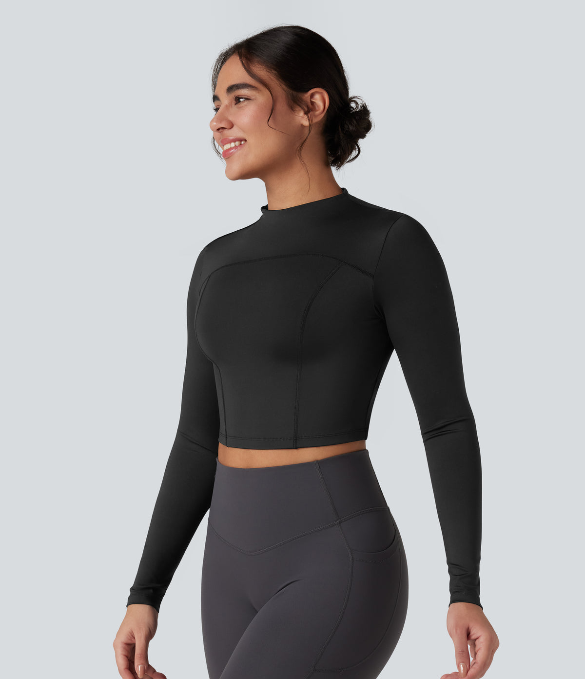 Mock-neck Long Sleeve Slim Yoga Sports Top — Black — view 4