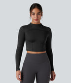 Mock-neck Long Sleeve Slim Yoga Sports Top — Black — view 2