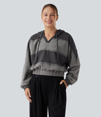 Hooded Drawstring Long Sleeve Patchwork Casual Sports Sweatshirt — Pirate Black — view 1