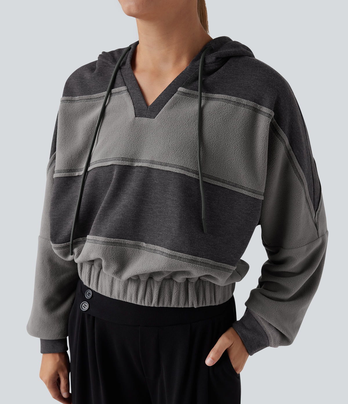Hooded Drawstring Long Sleeve Patchwork Casual Sports Sweatshirt — Pirate Black — view 5