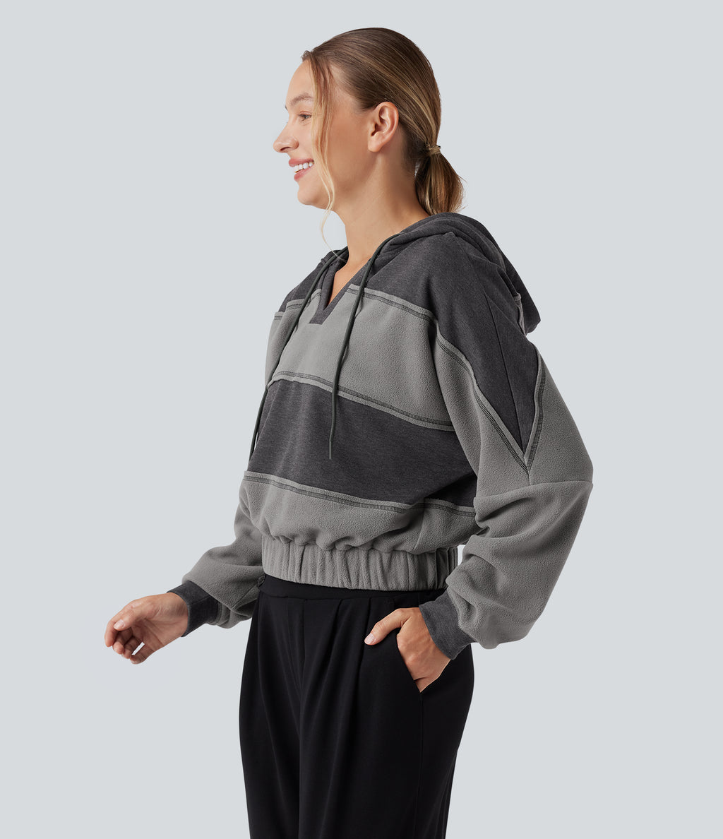 Hooded Drawstring Long Sleeve Patchwork Casual Sports Sweatshirt — Pirate Black — view 3