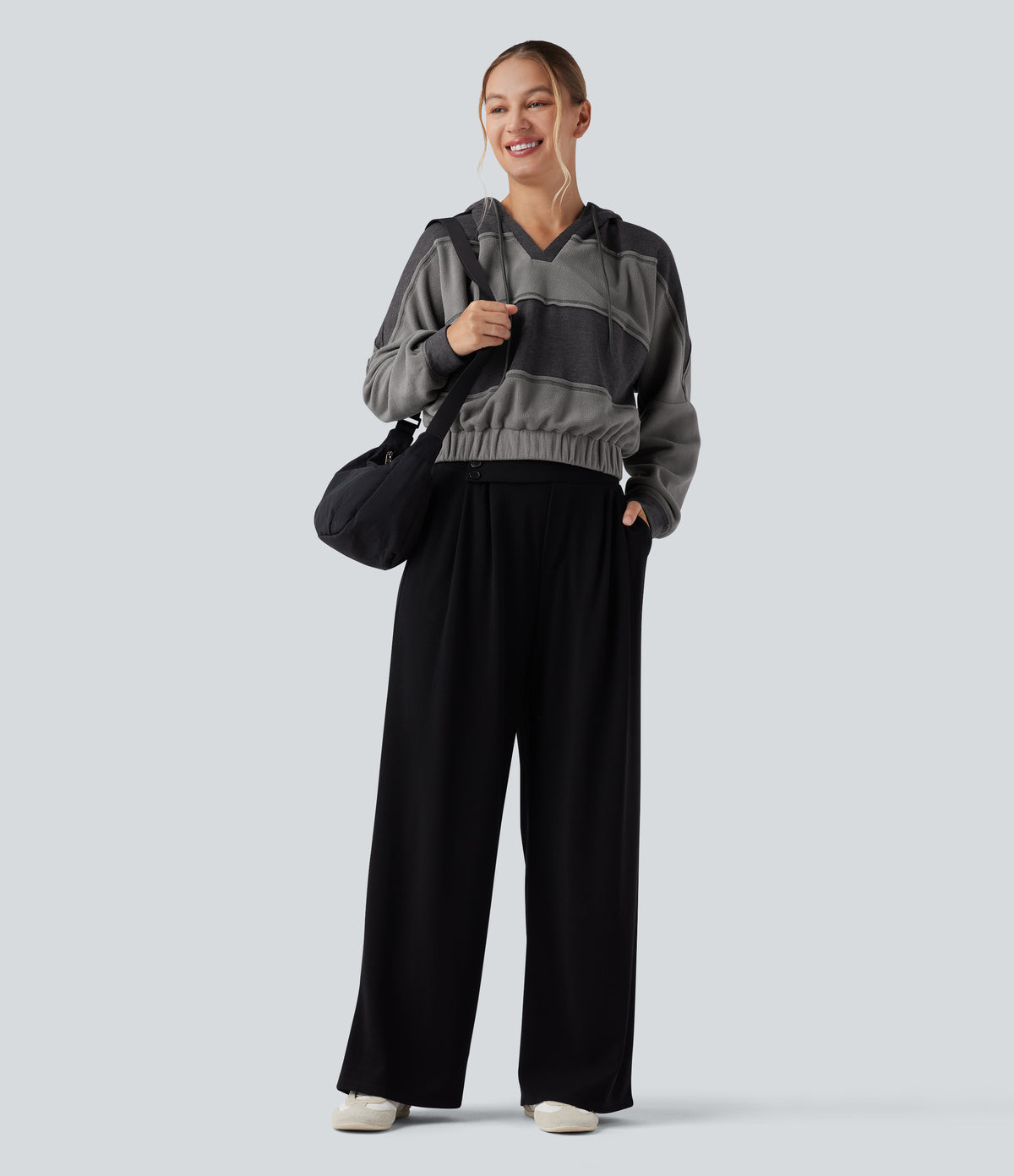 Hooded Drawstring Long Sleeve Patchwork Casual Sports Sweatshirt — Pirate Black — view 6