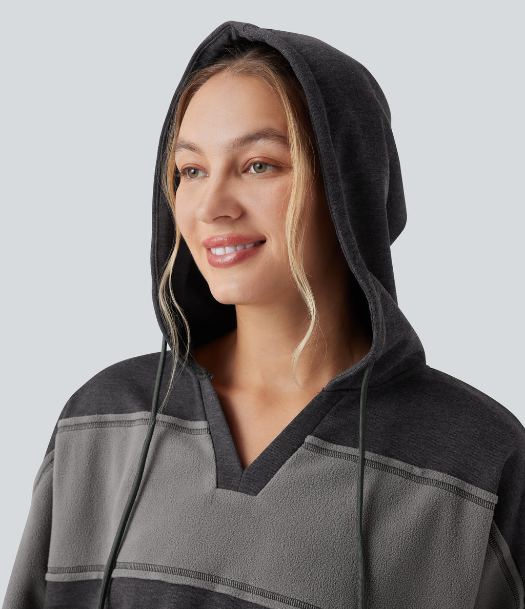 Hooded Drawstring Long Sleeve Patchwork Casual Sports Sweatshirt — Pirate Black — view 4