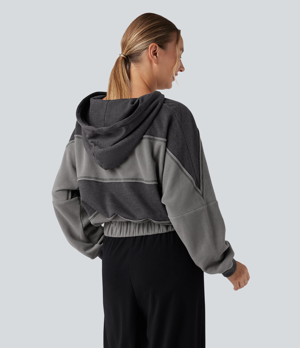 Hooded Drawstring Long Sleeve Patchwork Casual Sports Sweatshirt — Pirate Black — view 2