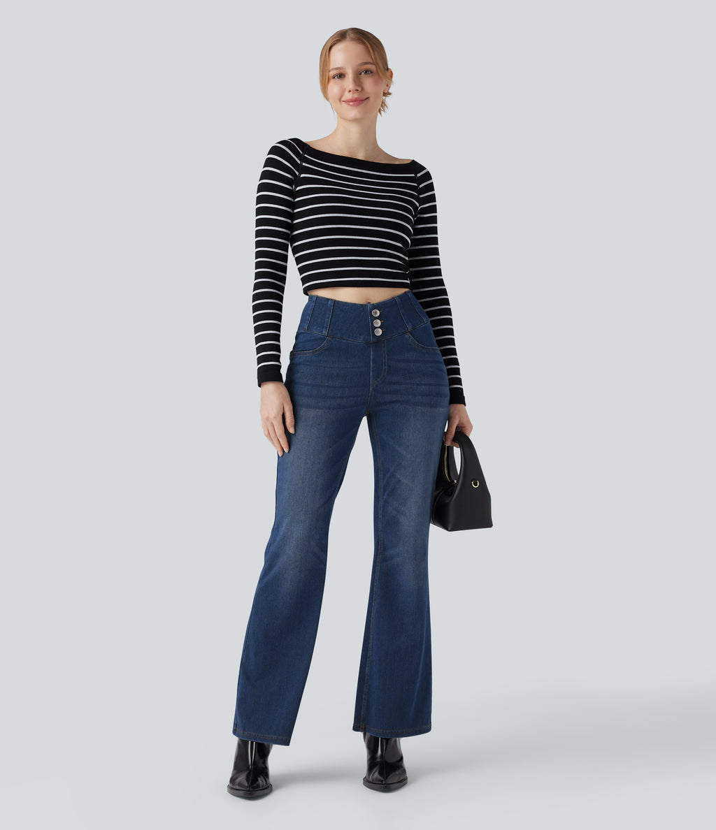 High Waisted Bootcut Casual Jeans with Pockets — Blue Surf Denim — view 6