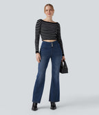 High Waisted Bootcut Casual Jeans with Pockets — Blue Surf Denim — view 6