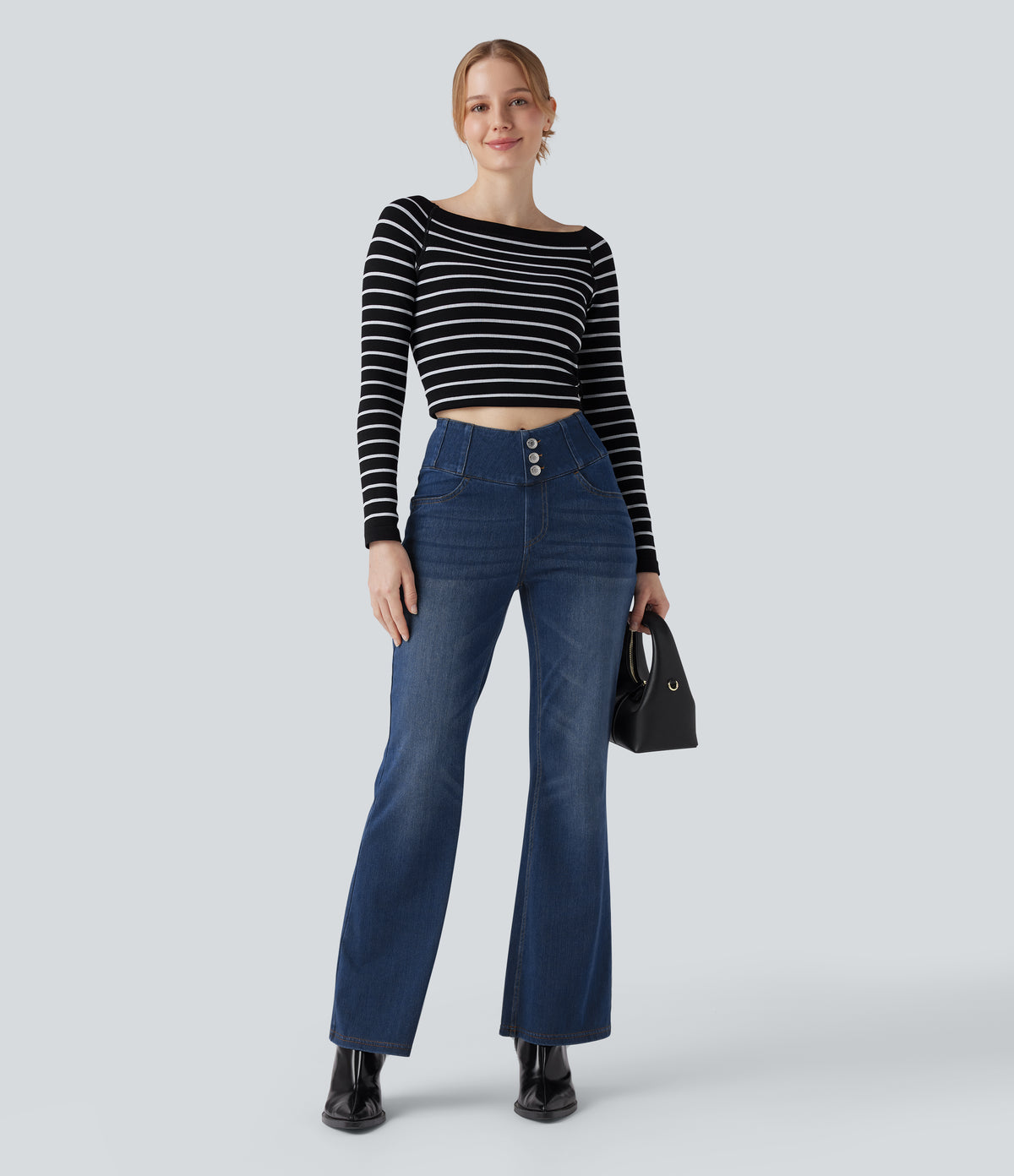 High Waisted Bootcut Casual Jeans with Pockets — Blue Surf Denim — view 6