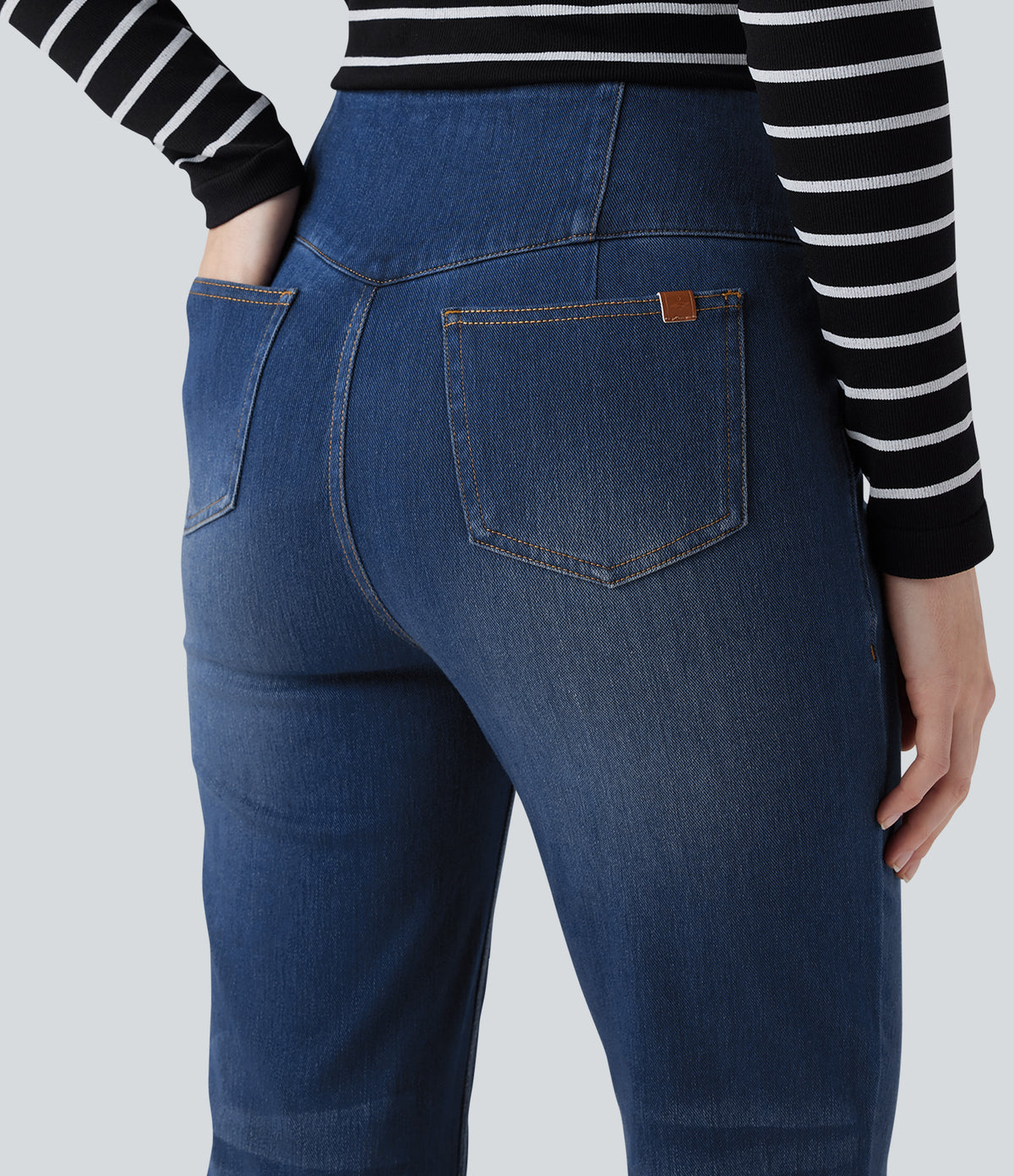 High Waisted Bootcut Casual Jeans with Pockets — Blue Surf Denim — view 5