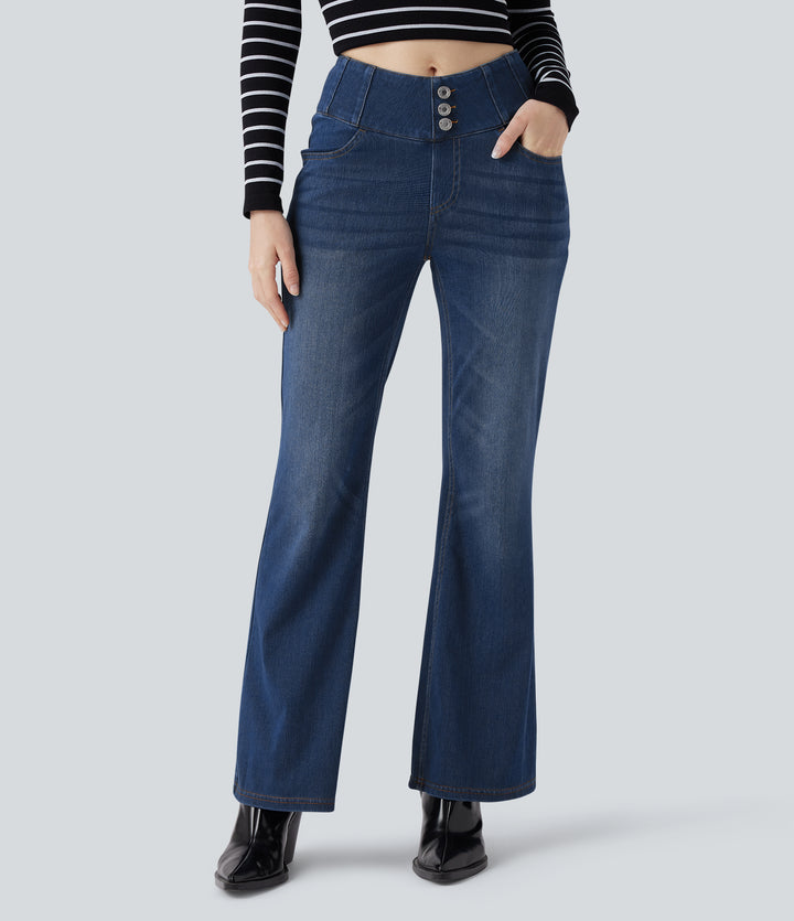 High Waisted Bootcut Casual Jeans with Pockets — Blue Surf Denim — view 1
