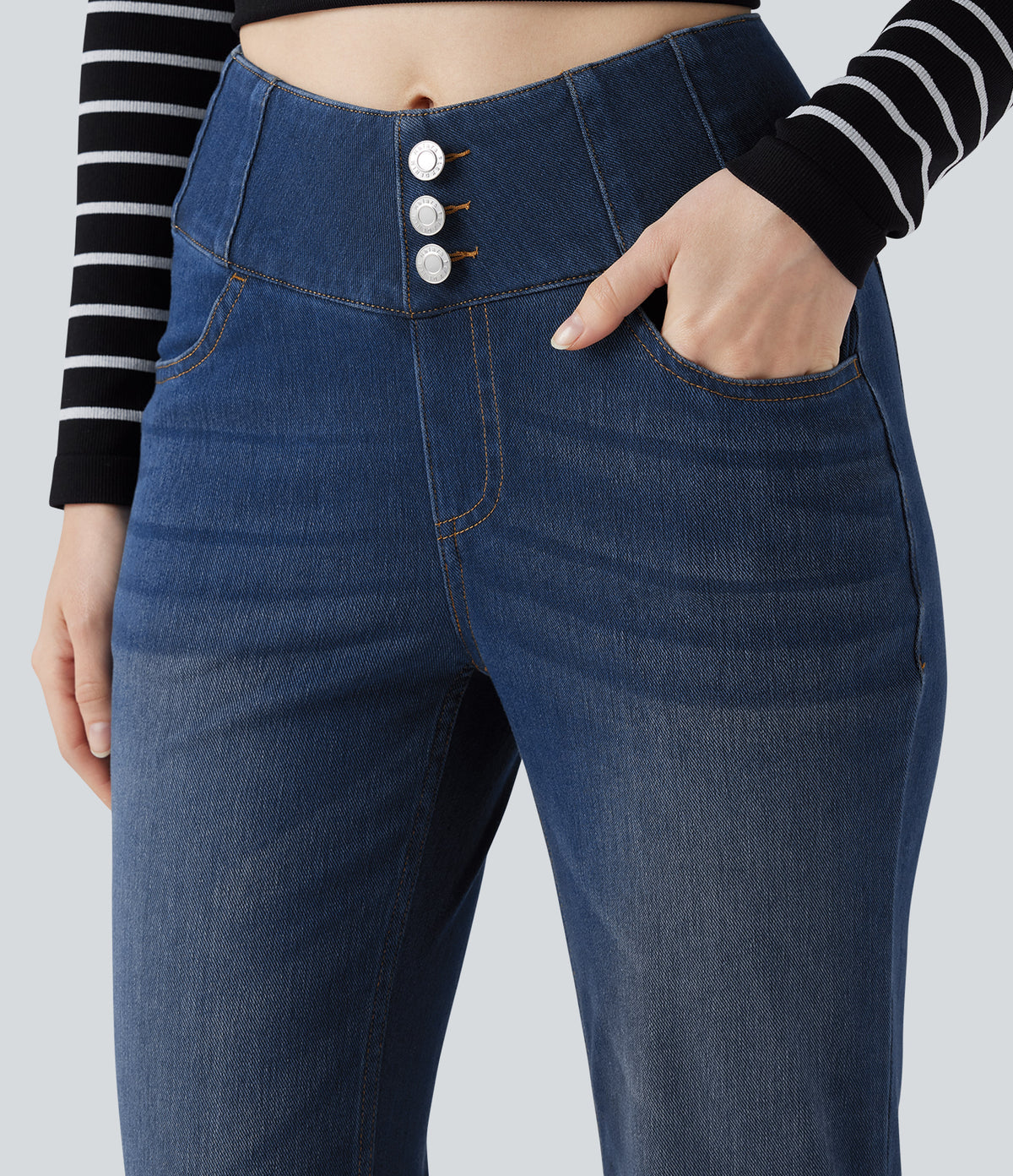 High Waisted Bootcut Casual Jeans with Pockets — Blue Surf Denim — view 4